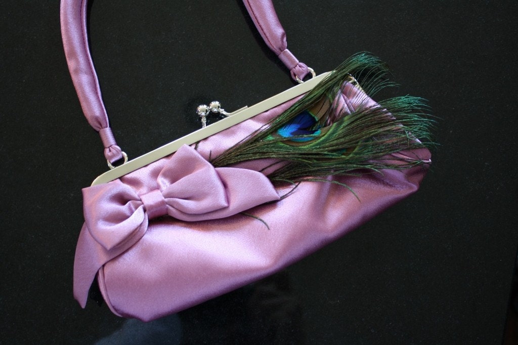 Handbag, Purse, Clutch, Mauve Peacock Feather
