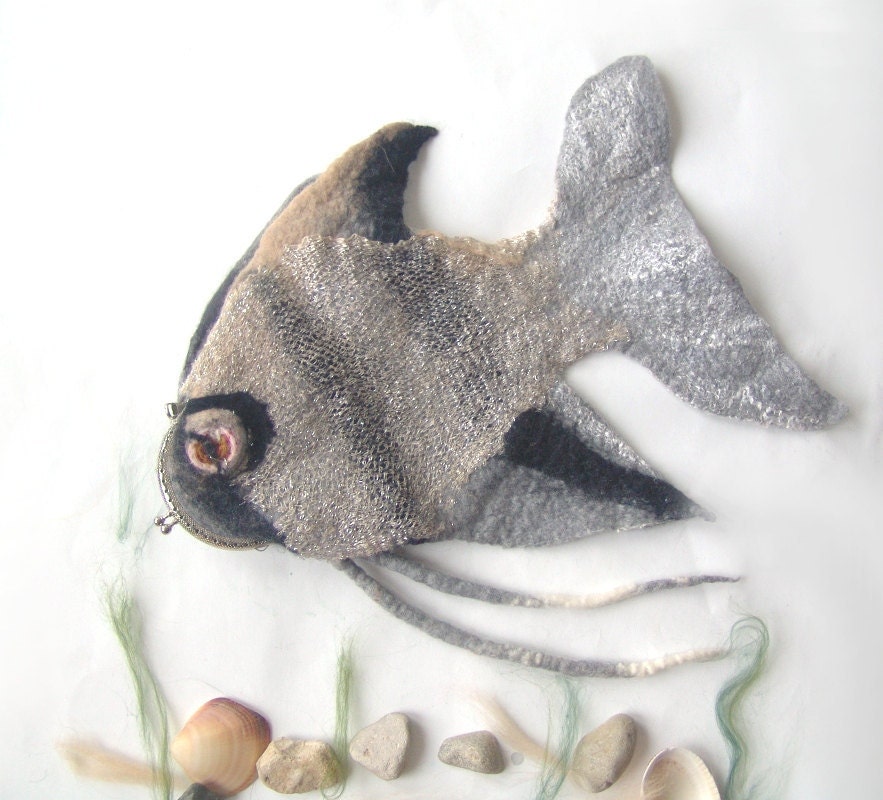 Felted purse cosmetic Grey Fish Silver Metal Frame under 50 octopurse