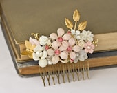 Bridal Hair Accessory Wedding Hair Comb, Pink Flowers Gold Leaves Vintage Shabby Chic Hair Comb, Something Old Hair Comb