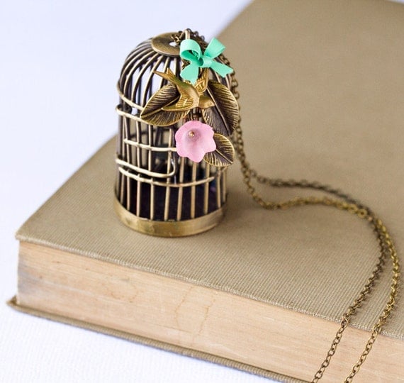 Shabby Chic Necklace - Vintage style Bird Charm, Bird Caige Necklace, Antique Brass Long Necklace, Mint Green Bow, Pink Flower