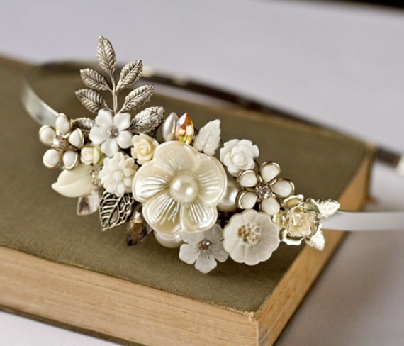Bridal Headband - Bridal Hair Accessories, Vintage Headband, Shabby Chic Wedding Accessories, Silver Headband, Unique Bride, Pearl Collage
