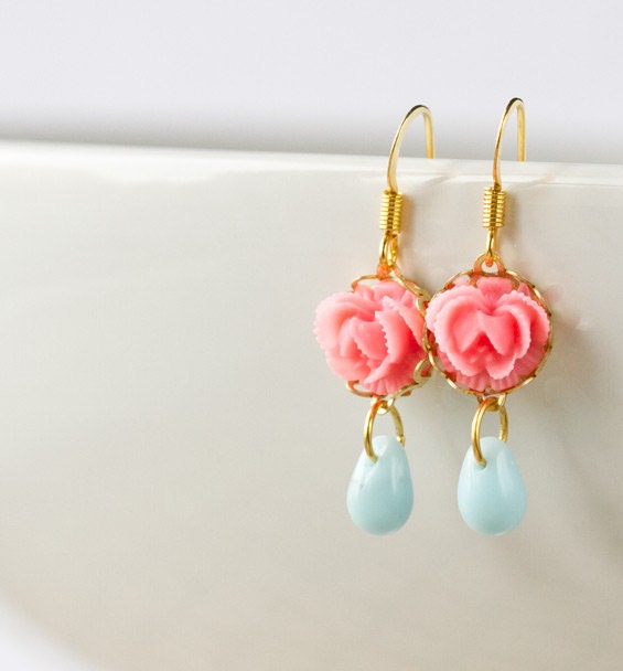Bridesmaids Earrings - Spring Rose Earrings, Wedding earrings, Wedding Jewelry, Pink Coral Flower, Pastel Blue Glass Drop Dangle Earrings