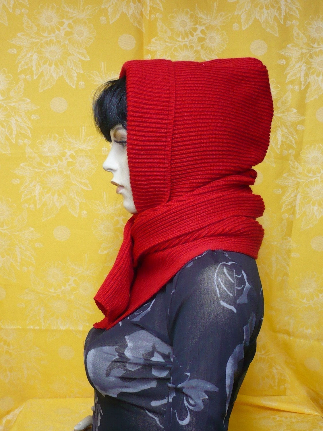 Hot Red HOOD SCARF, Acrylic Knit Cape with Shawl for Autumn, Warm HAT and Scarf, Fall