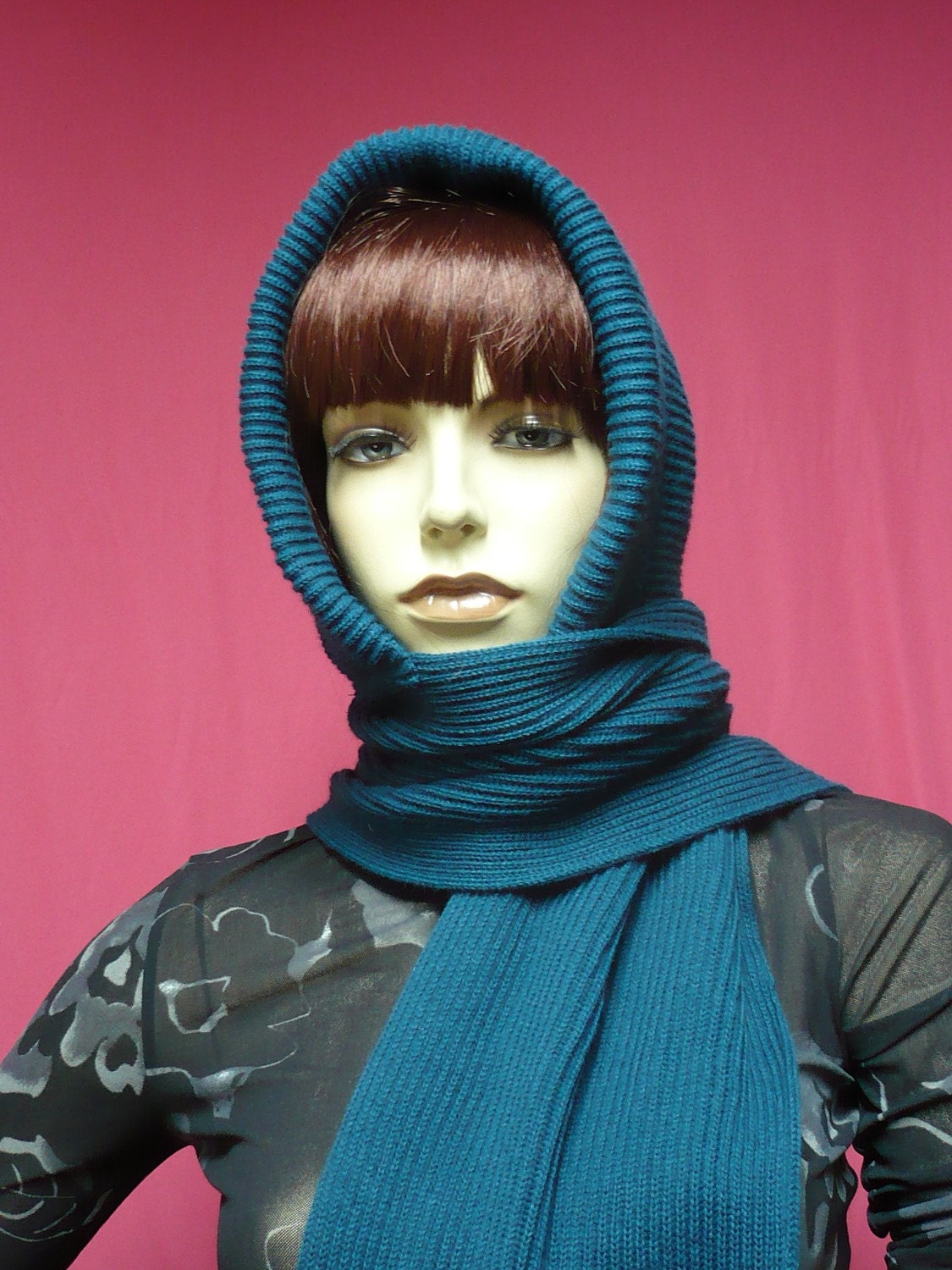 Sea Green HOODED SCARF, Acrylic Knit Cape with Shawl for Autumn, Hood and Scarf Combi, Warm HAT and Scarf, Fall
