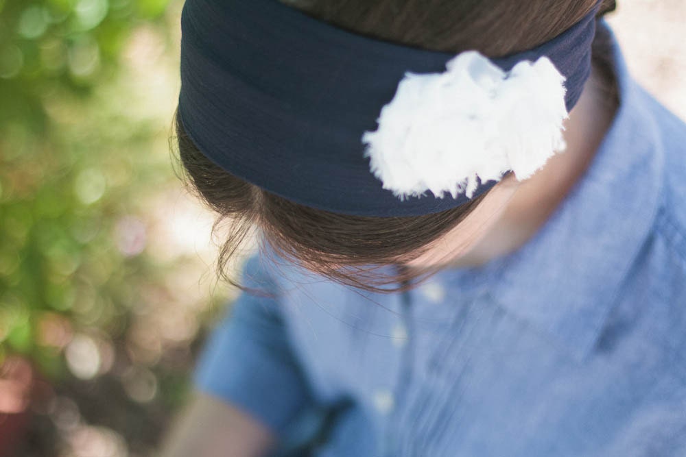 Shabby Chic Headband -- Lightweight Cotton Head Band Headcovering -- Navy Blue with Rosettes Hairband