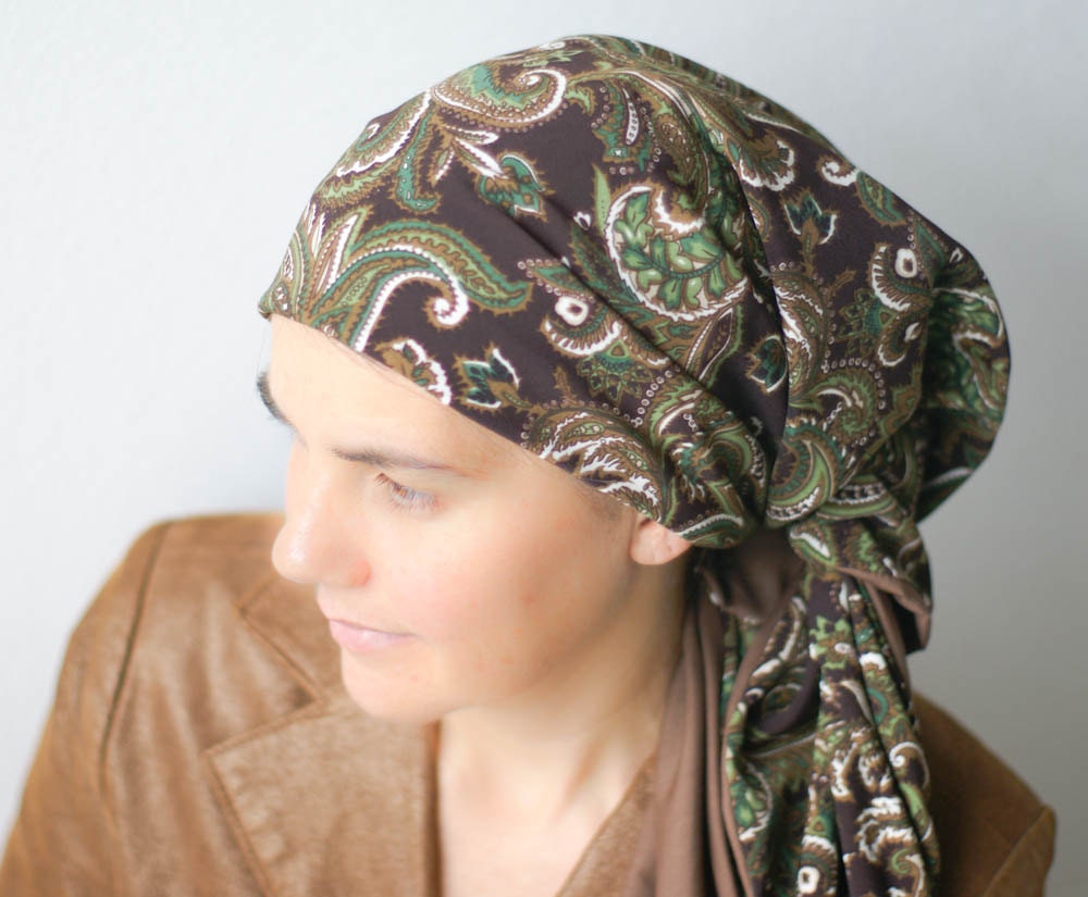 Deep Brown and Green Paisley Israeli Tichel Headcovering Head Cover Headscarf Scarf