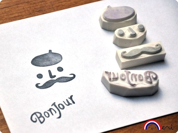French Touch Mustache hand carved rubber stamp set bonjour