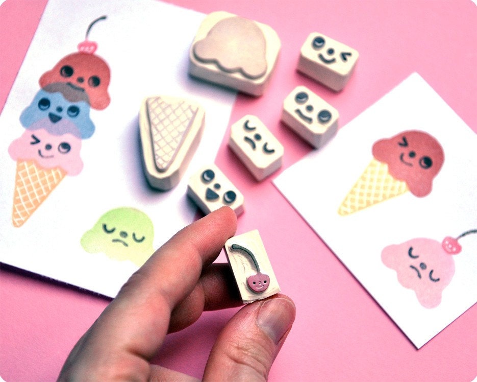 Ice cream changing face hand carved rubber stamp set of 7