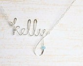 Personalized Name and Birthstone Necklace - Sterling Silver, Custom Sterling Silver Wire Name Necklace - Script Word Necklace, Word Necklace