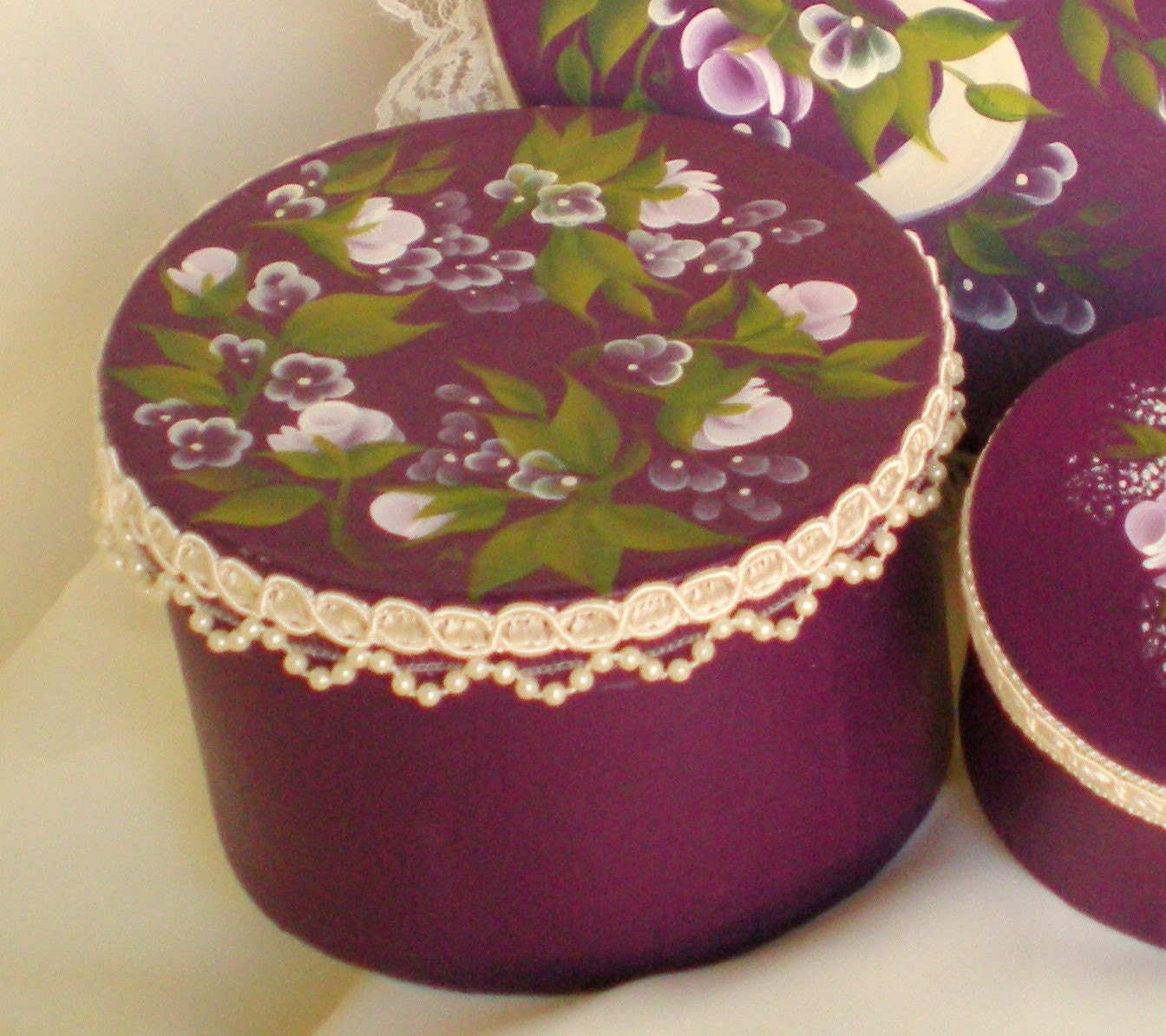 Bridesmaid Jewelry Box - Set of 4, Hand Painted Purple Hat Box, Lavender Rose Buds, Lace Trim, 4.5 In.