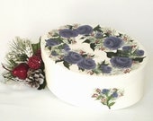 Decorative Hat Box Oval - Hand Painted Plum Purple Roses, Red Winter Berries, Snowy Leaves, Rhinestone Snowflakes, Gift Box