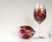 Painted Fine CRYSTAL Wine Glasses, Burgundy Red with Metallic Gold Roses -Set of TWO Abstract Modern