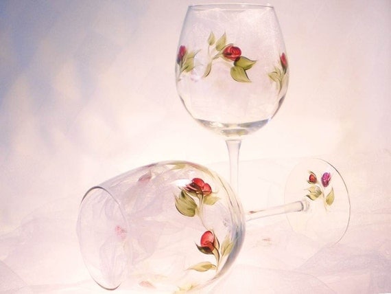 Hand Painted Wine Glasses  - Abstract Red Rose Design with Green Stems, Set of 8 Glassware Handpainted Rustic Wedding Glassware