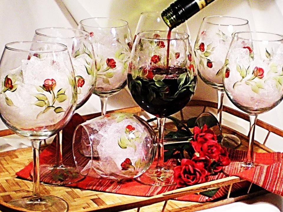 Hand Painted Wine Glasses  - Abstract Red Rose Design with Green Stems, Set of 8 Glassware Handpainted Rustic Wedding Glassware