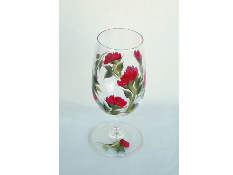 Hand Painted Iced Tea Glasses, Red Roses, Fresh Green Leaves, Set of 4 - Housewarming Gift  Ice Tea Water Beverage Goblet