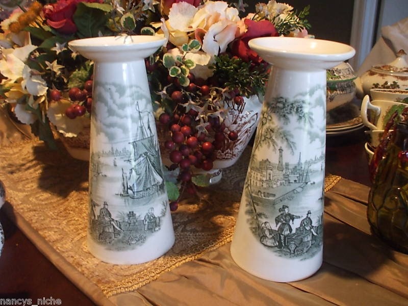 Green Transferware Candle Holder Pair Seaport Ship Scene Safe Harbor Staffordshire