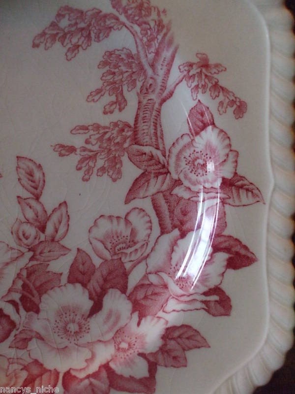 Vintage  Red Transferware Plate Apple Flower Blossoms
