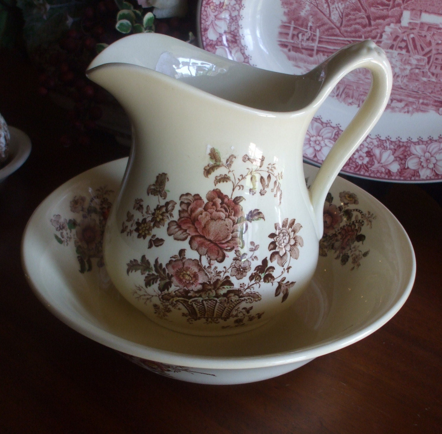 Poly Brown Transferware Charlotte Bowl and Pitcher Basket of Roses