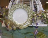 Sage / Olive Green and White Ironstone Transferware Plate with Scrolled Leaf and Vine Border