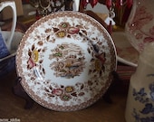 Polychrome Brown Transferware Vintage English Plate Castle Stream Roses