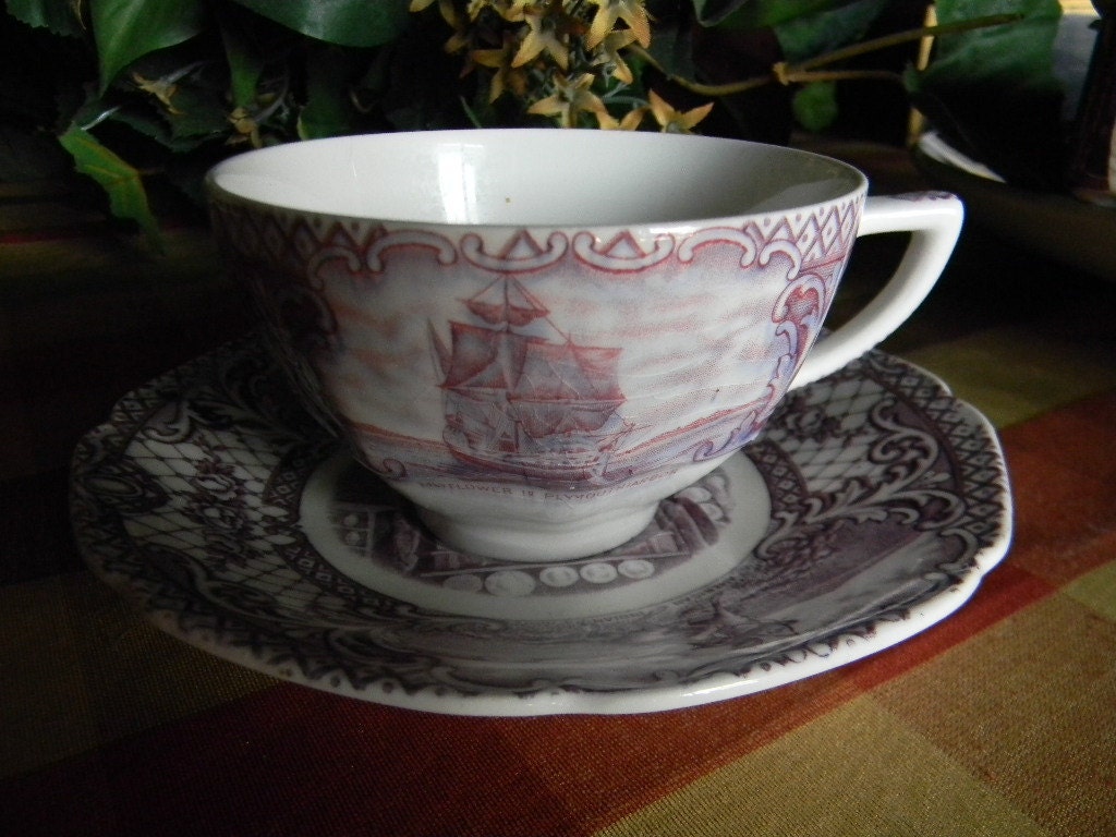 Crown Ducal Colonial Times Purple Transferware Tea Cup and Saucer Betsy Ross Plymouth Rock etc Thanksgiving