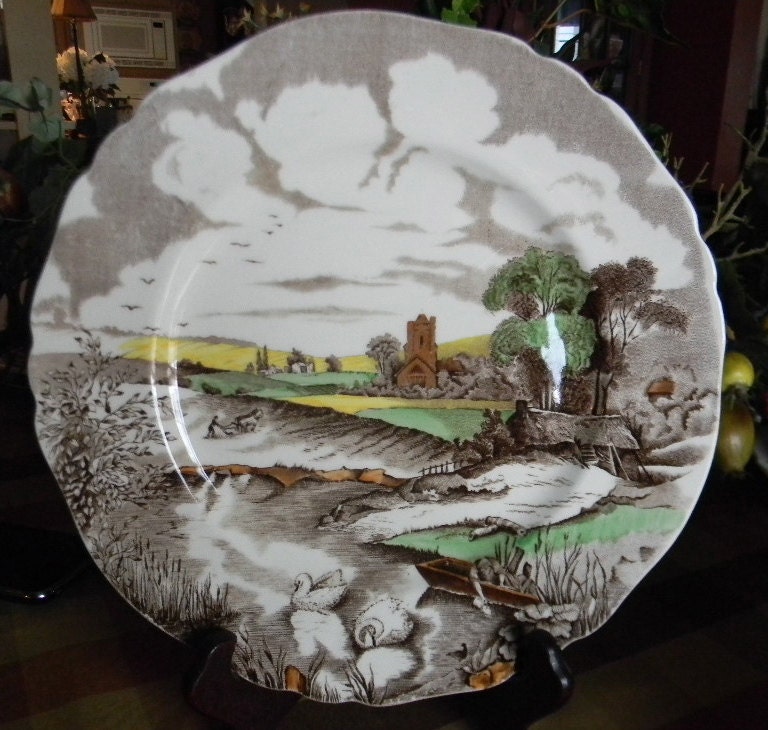 Brown Hand Painted English Transferware Plate Wading Swans Farm Pond Church Handpainted Autumn Colors
