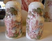 Red Polychrome Transferware Salt and Pepper Shakers Basket of Roses Flowers Seaport Ship Scene