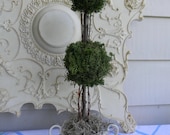 Reindeer Moss Double Ball Topiary in Vintage Brown Polychrome English Transferware Dual Handled Vase