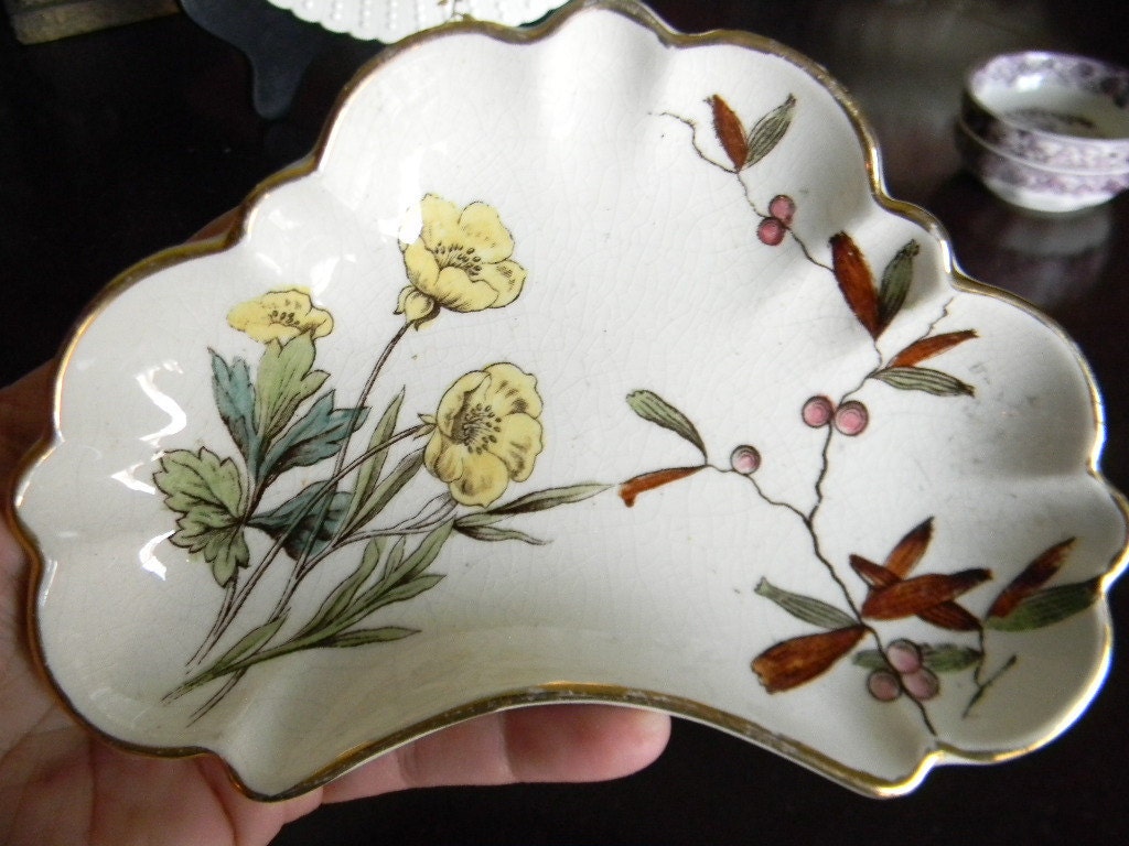 Circa 1887 Antique  English Transferware Aesthetic Movement Floral Bone Crescent Dish George Jones Primroses