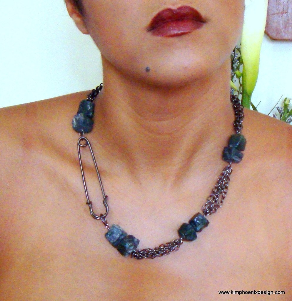 Sale Primitive Punk Kilt Pin, Moss Agate, Gunmetal Chain Necklace