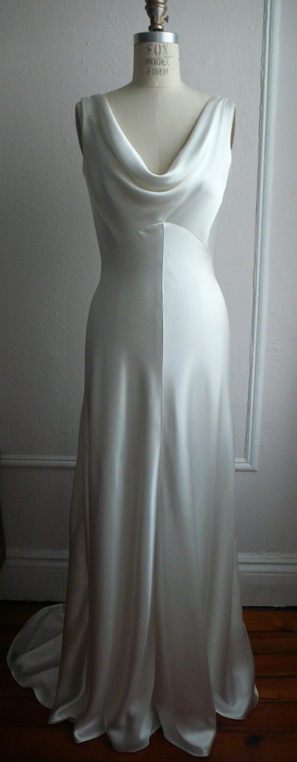 1930's Inspired Bias Bridal Gown "Ella", Low back, Backless, Cowl neck, Heavy Silk Satin, Customizable