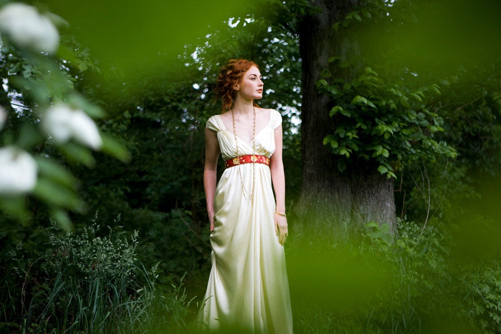 Empire waist wedding gown with cap sleeves, contrast ribbons, "Allison" Bridal Gown, romantic full skirts, draped silk, ruched, wrap style