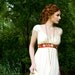 Empire waist wedding gown with cap sleeves, contrast ribbons, "Allison" Bridal Gown, romantic full skirts, draped silk, ruched, wrap style