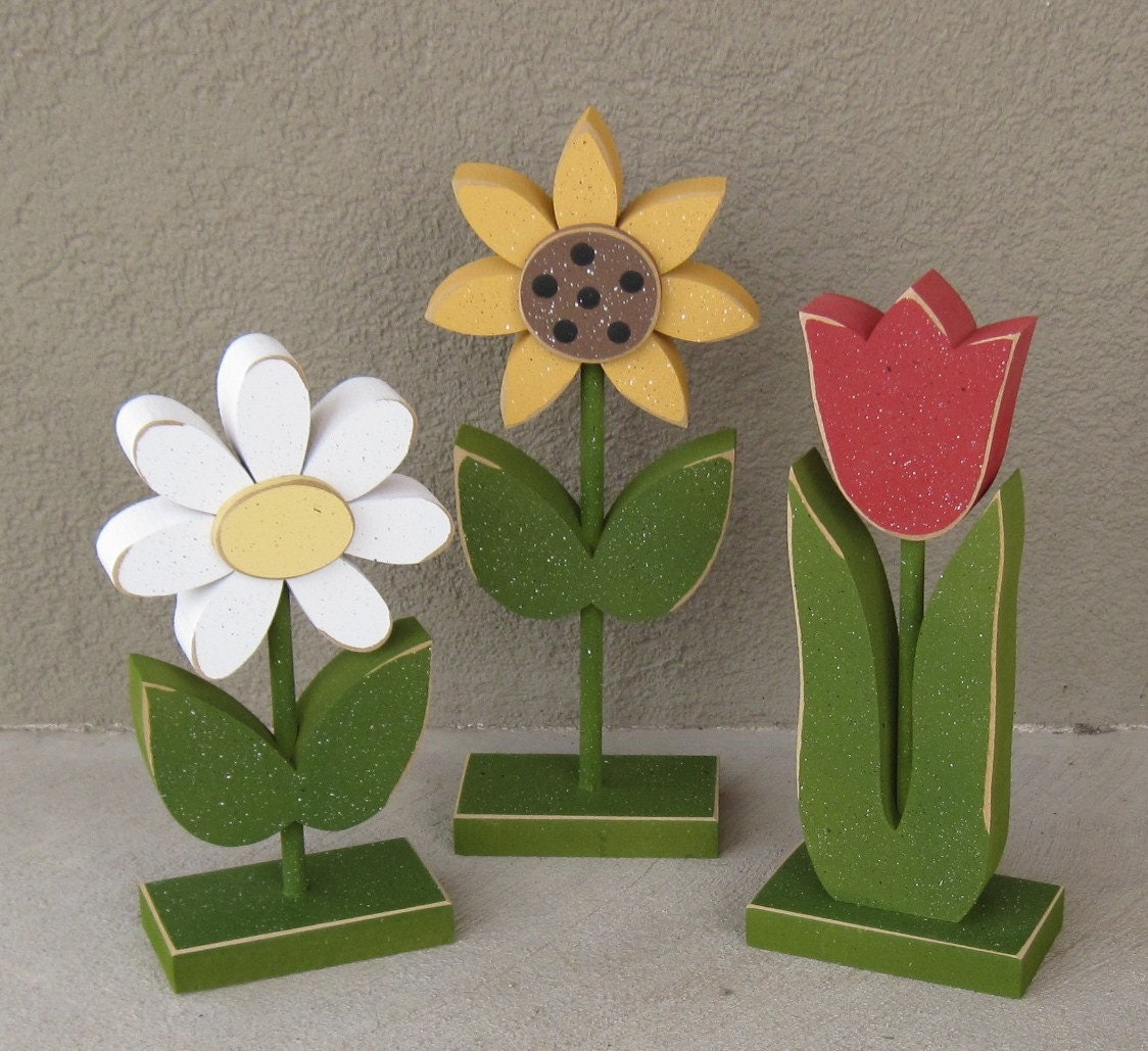 3 Tall Standing Flower Block Set for Spring decor, Flower decor, Girl room decor,  shelf, desk, office and home decor