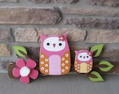 Owls on a Branch with a Hot pink flower for home decor, door hanger, wall decor, mothers day, summer and spring decor