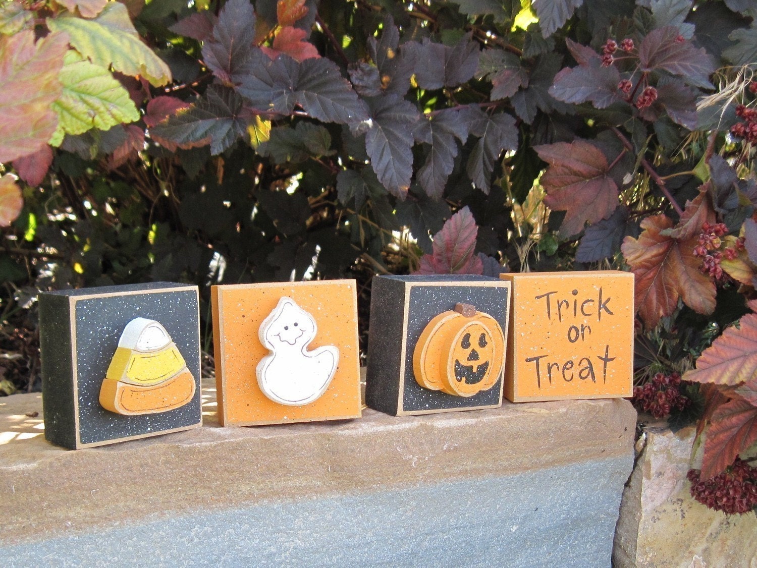 HALLOWEEN THEMED SQUARE Blocks with jackolantern, candy corn, ghost and trick or treat sign for Fall, October, shelf, office and home decor