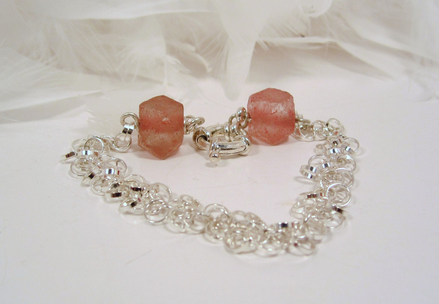 Bracelet, silver circle chain with cherry quartz and fancy clasp - JillsJoy