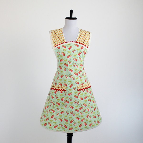 Retro Womens Apron Red Blue and Orange Sandy Henderson Strawberry Fabric