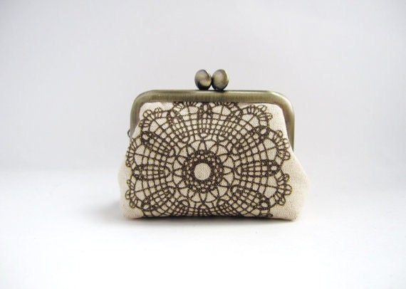 Frame Coin Purse- mini  jewelry case with ring pillow- brilliant lace on beige