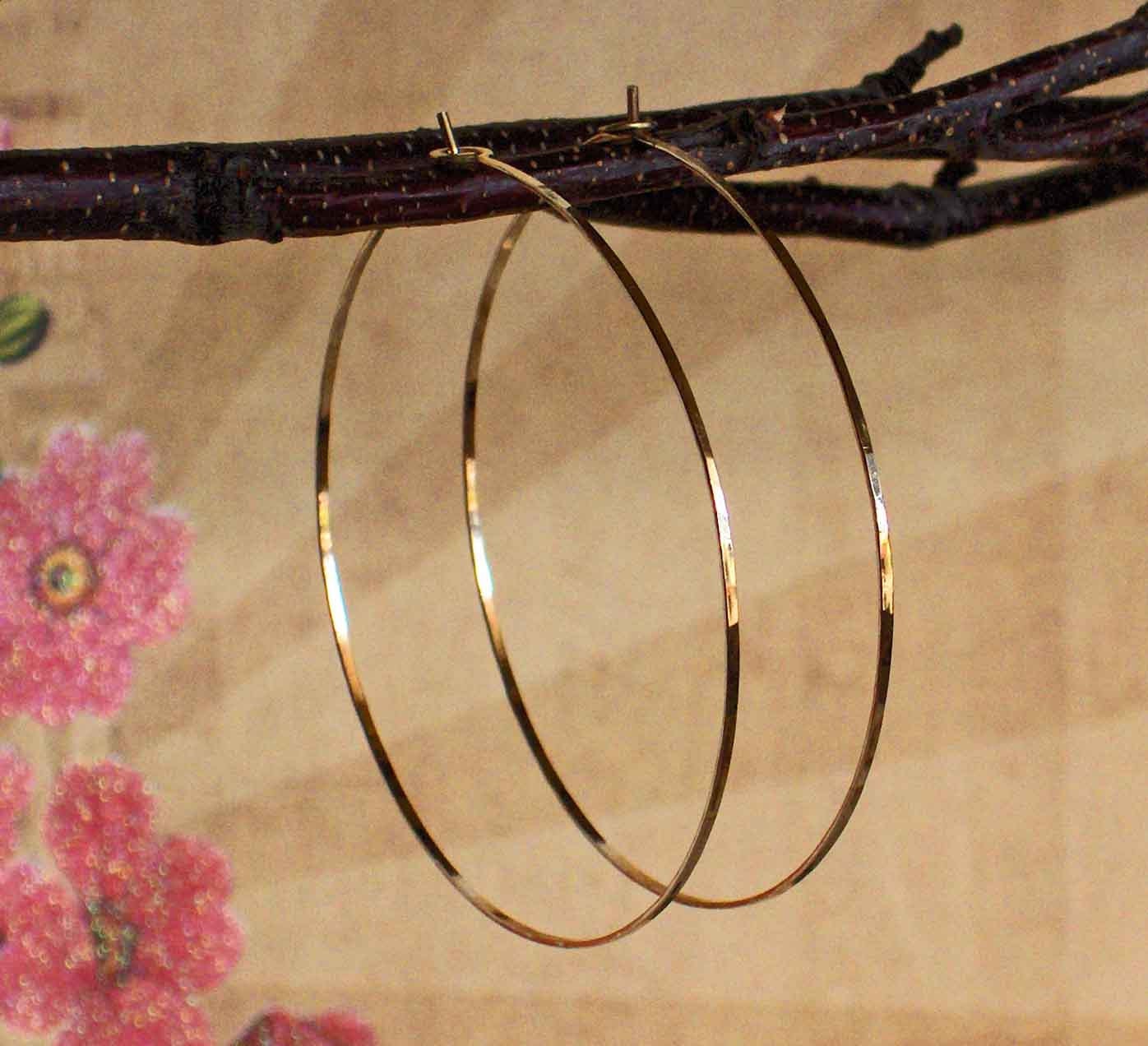 Delicate Flat Front Gold Hoops, Large Hammered 14K Gold Filled Hoop Earrings - Made to Order