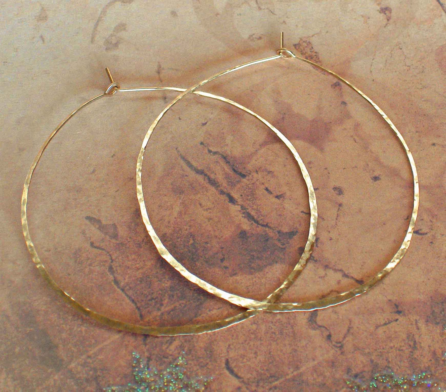 Delicate 2 Inch 14K Gold Filled Hoop Earrings - 14K Yellow Gold Filled Hammered Wire Hoops - Made in the USA - Made to Order