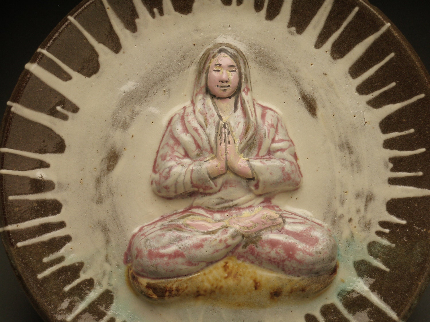 Ceramic Wall Platter, Buddha Woman Relief Sculpture Decorative Plate, Metta Meditation Yoga Art
