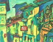 Bluesy - 8x10 Giclee Print of Camino de Santiago Spanish Town Buildings Landscape Painting - Unique Gift for Surreal Art Lovers
