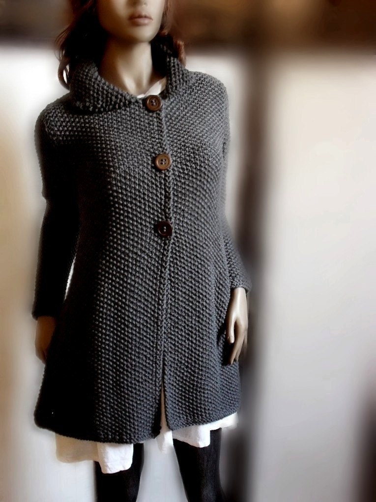 Womens hand knit sweater coat Merino wool sweater Charcoal Grey