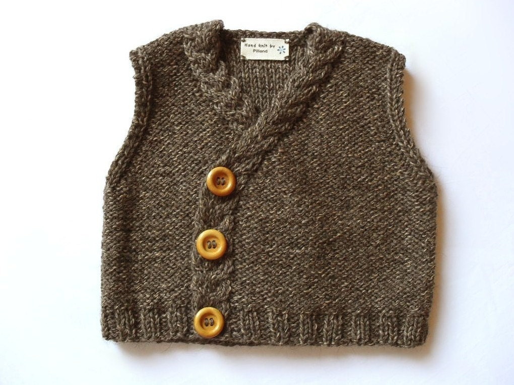 Hand knit Baby Vest Tweed Waistcoat - Eco Friendly Tweed Brow Off white sizes from 1-9 month