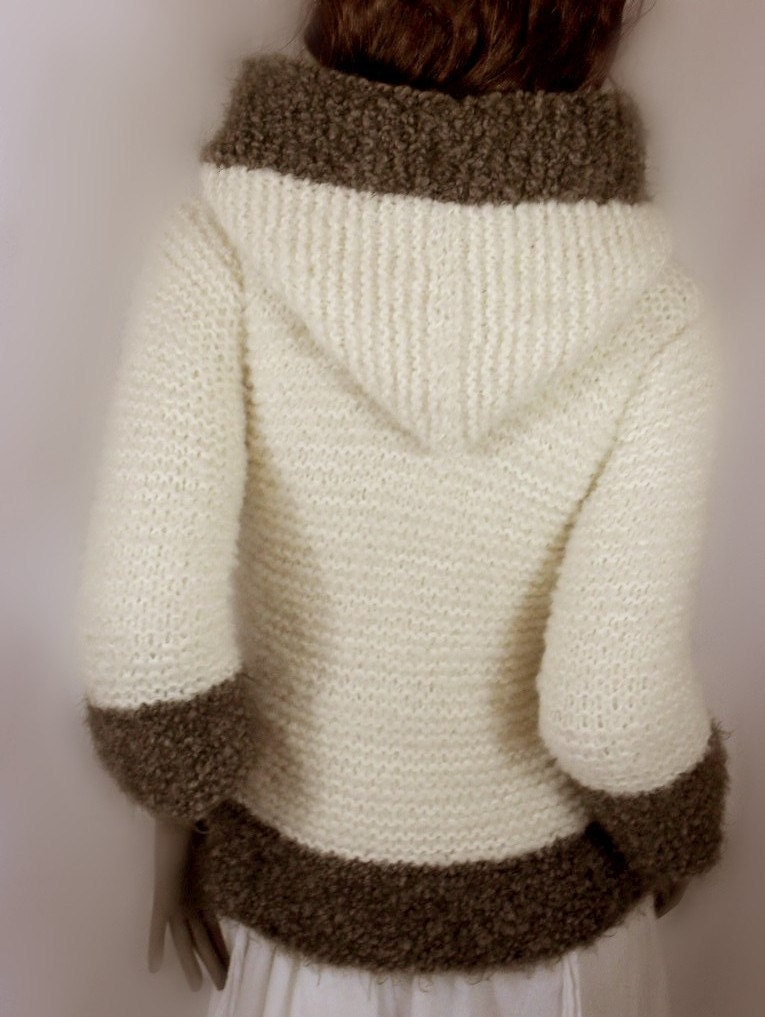 Hoodie Jacket Off white, cappuchino 3/4 sleeves women Merino Mohaor Baby Alpaca UNIQUE PIECE Ready to Ship