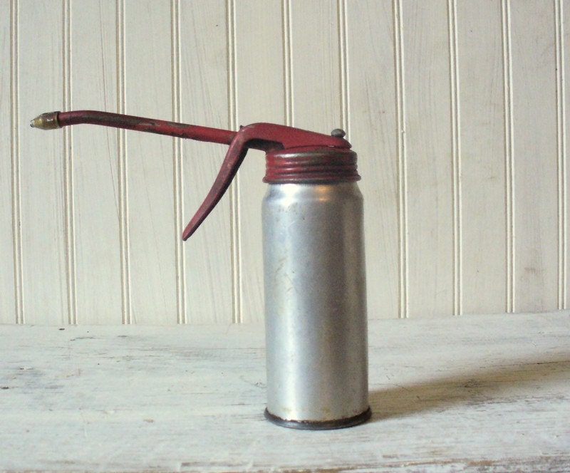 Vintage Red and Silver Metal Oil Can-Pump---Long Spout--By Golden Rod