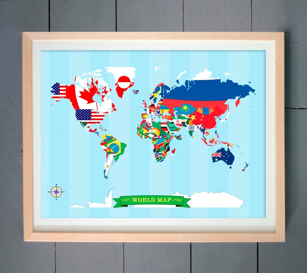 World Map with flags ART PRINT (various sizes available - 11x14 - 20x30 inches)