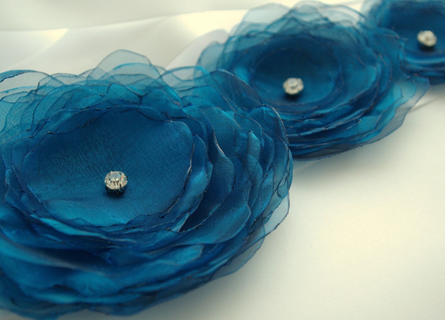 Bridal belt - Flower sash - Organza and Satin - Teal blue green