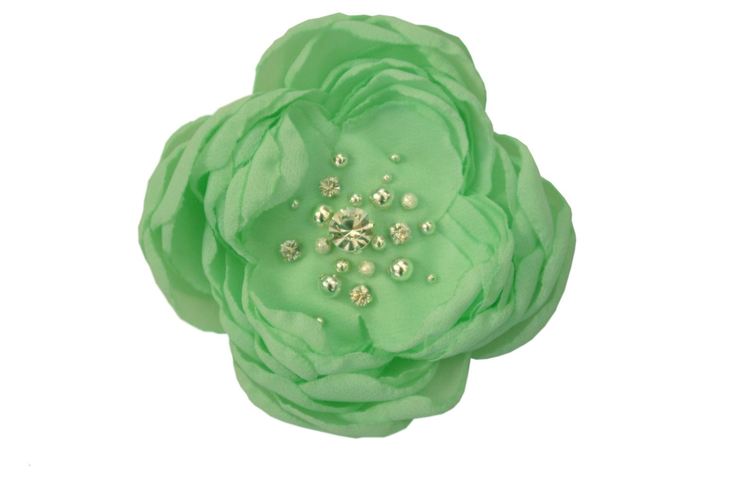 Bridal Hair Flower - Mint Green, Peppermint, Soft Green - Chiffon Flower with crystals. Spring Wedding